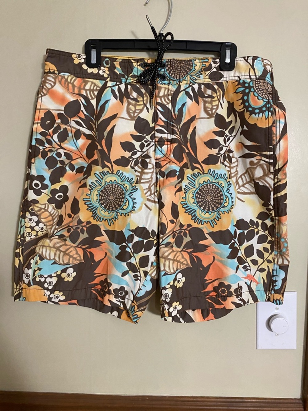 Tommy Bahama Brown Floral Print Swim Trunks with Aqua Accents